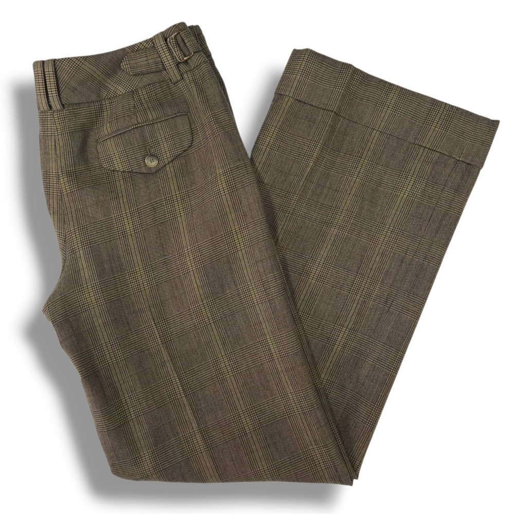 Ann Taylor Wool Blend Glen Plaid Wide Leg Cuffed Side Tab Dress Pants Brown 6